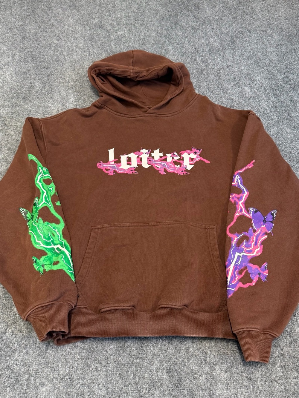 Loiter Brown Graphic Hoodie with Green and Purple Sleeve Art